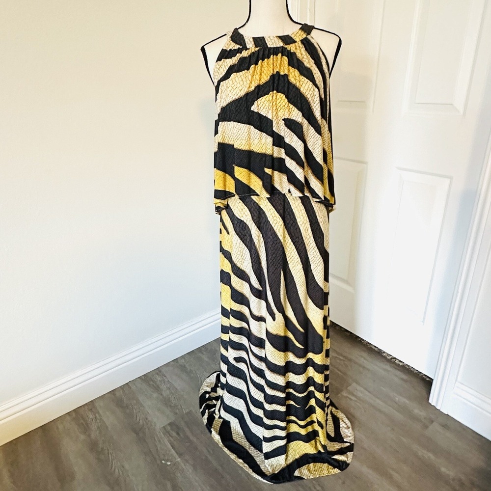 Chico's Women's Maxi Dress Size 2=Large Black Gold Zebra Layered Straps Boho